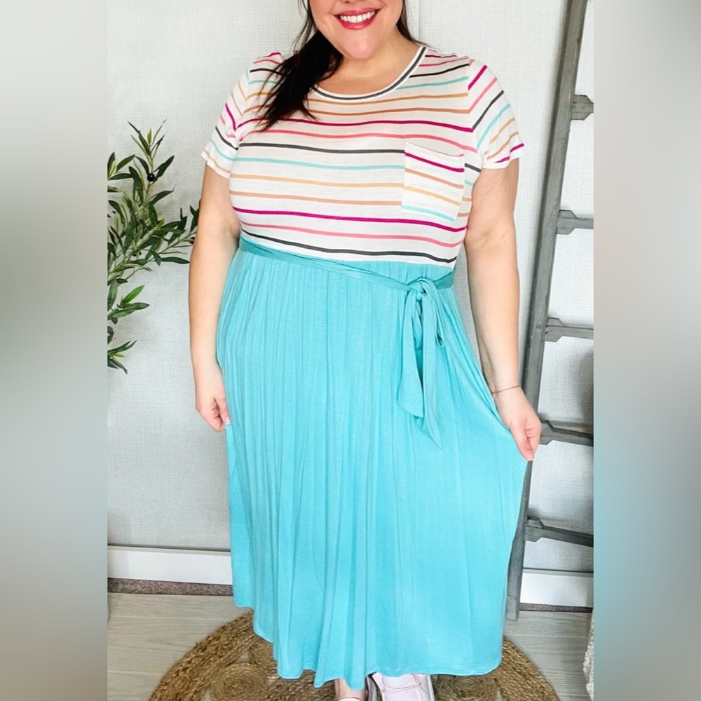 Reborn J Women’s Boutique Brand Mint Multi Stripe Maxi Dress Size 2XL NWOT